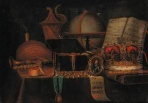 A Vanitas Still Life With A
Globe, Crown, Sword, Jewel Casket, Anopen Book And A Miniature Of King
Charles I by Edwart Collier