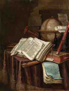 A Vanitas Still Life With A 
Globe, Musical Instruments, A Score Andan Emblem Book On A Draped Table 
Before A Column