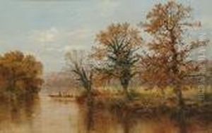 River Landscape With Figures In A Boat by Arthur Bevan Collier