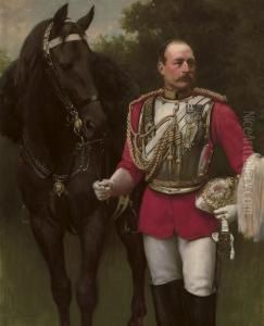 Portrait Of Colonel Rowland John
 Beech, Three-quarter-length, In The Uniform Of An Officer Of The Life 
Guards, With His Horse by John Maler Collier