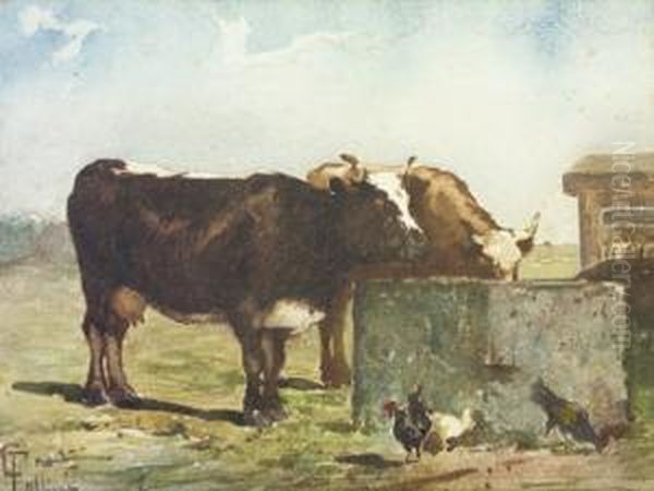 Cattle Watering, Chickens In Foreground - view 1