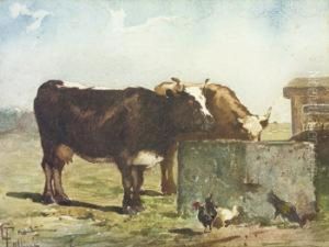 Cattle Watering, Chickens In Foreground