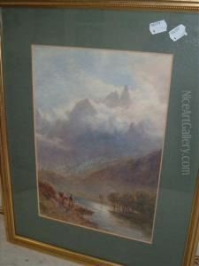 A Figure Anddonkey By A Loch In A Higland Landscape by William Collingwood Smith