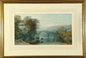 A Broad River Valley With Cattle
In The Foreground And Figures On A Bridge In The Middle Distance. A Broad River Valley With Cattle
In The Foreground And Figures On A Bridge In The Middle Distance.