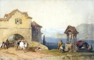 Thewayside Shrine, An Italian Lake Scene With Figures And Ox Cart