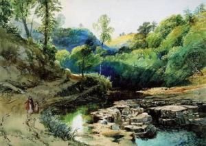 A Woman And Child Walking By A River, Probably Dovedale