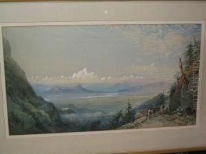 Extensive Alpine Landscape With Figures And Horses On A Mountain Path by William Collingwood Smith