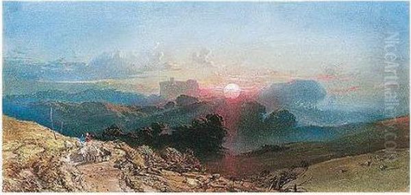 A Shepherd With His Flock At Sunset, A Castle Beyond - view 1