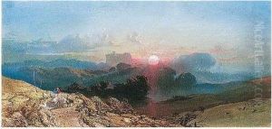 A Shepherd With His Flock At Sunset, A Castle Beyond by William Collingwood Smith