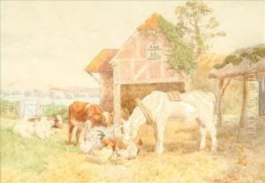 Cattle, Horse And Poultry In A Farmyard by Charles Collins