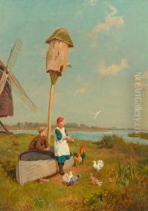 Kinder Am Vogelfuttern by Charles Collins