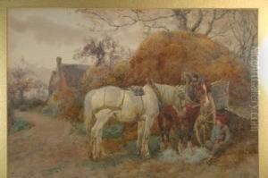 Rustic Scene With Horses, Cart And Boy By The Side Of A Track by Charles Collins