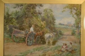 Rural Scene With Two Children By A Ford And Farmer With Cart And Two Horses by Charles Collins
