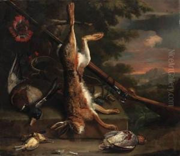 Still Life Of Dead Game, With A 
Hare, A Mallard, An Englishpartridge And Other Birds With A Gun By A 
Tree, In A Woodedlandscape - view 1