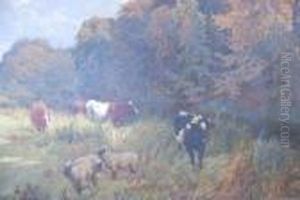 British Cattle And Sheep By Streamoil On Canvas Signed Charles Collins by Charles Ii Collins