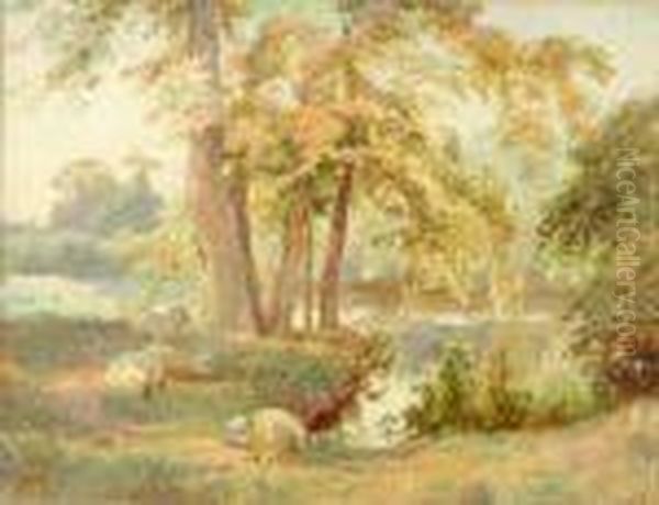 Sheepresting Under Trees Beside A River - view 1