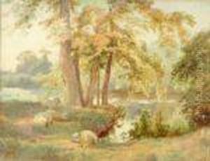 Sheepresting Under Trees Beside A River by Charles Ii Collins