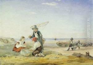 Fisherboys And A Young Shrimper On The Coast At Low Tide by William Collins