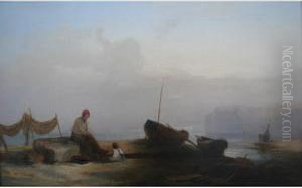 A Fisherman And His Daughter On The Shore At Dusk - view 1