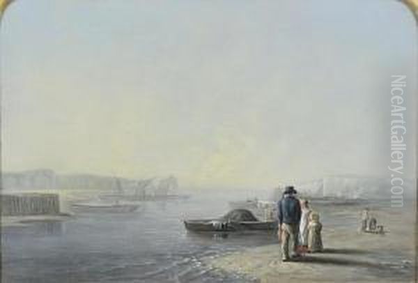 Figures On The Shore, Wth Laden 
Rowing Boats And Distant Sailing Vessels, Signed, Oil On Canvas - view 1