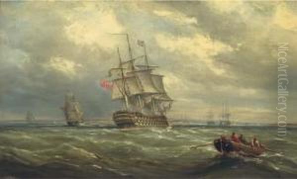 A Three-decker Reducing Sail In
Spithead In Preparation For Herarrival Into Portsmouth Harbour - view 1