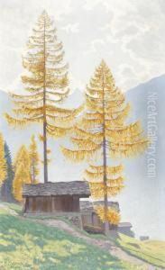 Herbstliche Gebirgspartie Mit Holzhutten Und Larchenwald
