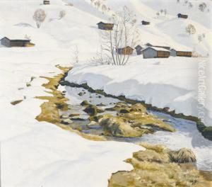 Sonnige Landschaftspartie Mit Bach Im Winter.