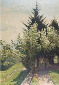 Gartenpartie Mit Bluhendem Baum.