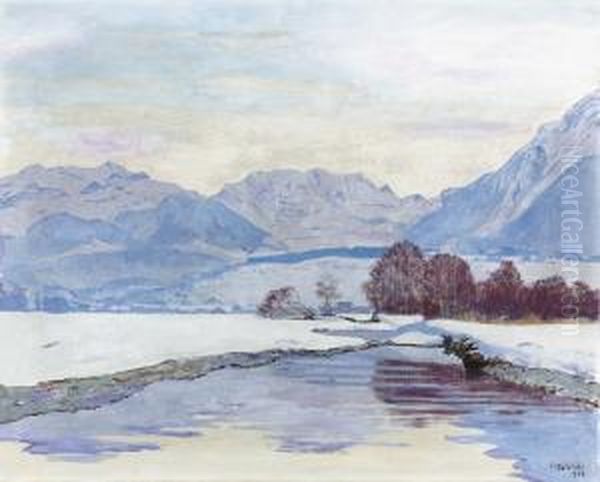Verschneite Flusslandschaft Mit Niesen Und Blumlisalp. - view 1