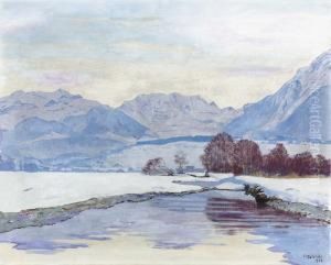 Verschneite Flusslandschaft Mit Niesen Und Blumlisalp.