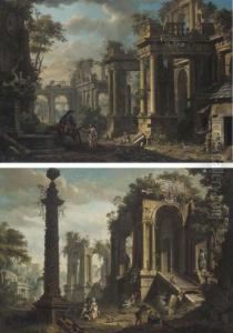 An Architectural Capriccio With 
Figures By A Fountain; And An Architectural Capriccio With Figures By A 
Column by Giovanni Battista Colombo