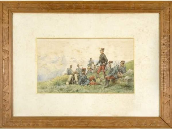 P. . Bivouac Dans Les Alpes. 
Aquarelle Signee Enbas A Droite. 26 Cm X 46 Cm . Dans Un Cadre Art 
Nouveausculpte De Feuillage - view 1