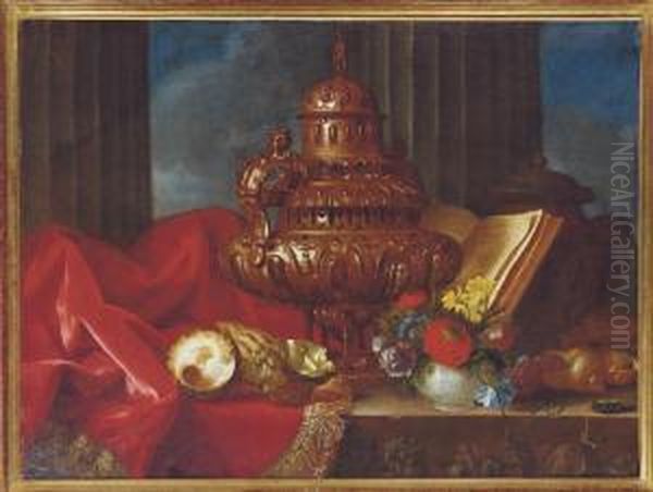 Still Life With A Silver Vessel, Flowers And Shells On A Table - view 1