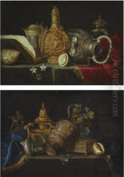 A Still Life With A Shell, Sculpted Jars And A Flower - view 1
