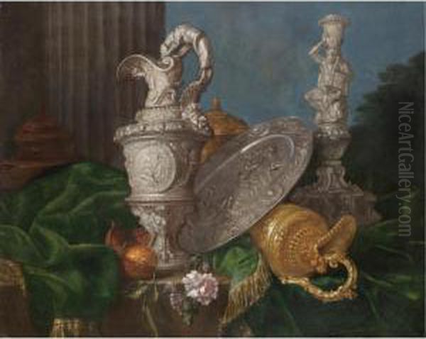 A Still Life With Elaborate
Silver And Gold Jugs, A Silver Platter Representing The Judgement Of
Paris, A Candlestick With Hercules And Various Fruit All Arranged On A
Partly Draped Table - view 1