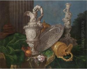 A Still Life With Elaborate 
Silver And Gold Jugs, A Silver Platter Representing The Judgement Of 
Paris, A Candlestick With Hercules And Various Fruit All Arranged On A 
Partly Draped Table