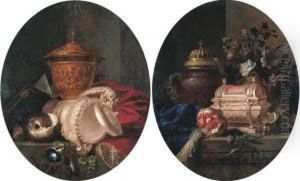 A Sculpted Gold Cup, A
Silver-gilt Cup And Cover, A Shell Andbluebells On A Partially Draped
Stone Ledge by Meiffren (Ephren) Conte (Leconte)