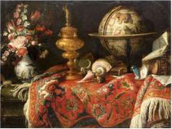 Vase De Fleurs, Mappemonde Et Orfevrerie Sur Un Tapis - view 1