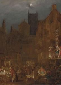 Figures In A Moonlit Market Before An Open Theatre