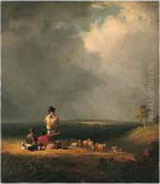 Shepherds On A Hillside With Their Flock - view 1