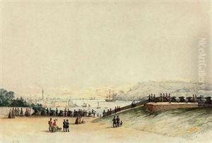 View Of Plymouth Hoe, With 
Soldiers Loading Cannon To Salute Thearrival Of The Flagship And With 
Spectators Watching Theevent