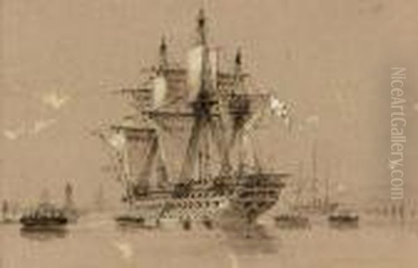 A Russian Man-o'war And Other
Warships Lying In The Hamoaze,plymouth (illustrated); And A Royal Naval
Frigate Under Full Sailin The Channel - view 1