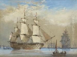 A Large First Rate At Anchor And
 Drying Her Sails, Probably In Plymouth Sound, With Other Ships Of The 
Fleet Beyond