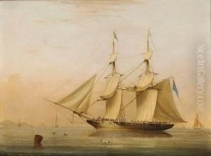 A 16-gun Royal Navy Brig Anchored Offshore Drying Her Sails