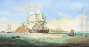 A Two-decker Running Down Plymouth Sound With Mt. Edgcumbebeyond