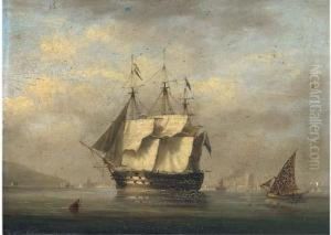 A British Two-decker Arriving At
 Lisbon And Preparing To Anchorwith The Belem Tower Off Her Stern