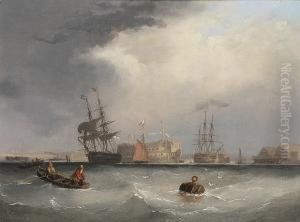 A Royal Navy Brig Departing From
 The Hamoaze With Other Shipping, Including An Ancient Hulk Beyond