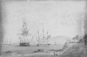 A British Frigate Getting Under
Way Off A Chilean Fortress, A British Two-decker And A French Frigate
Anchored Nearby by Condy, Nicholas Matthews