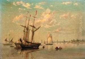 Schooners At Their Moorings Before A Low Countries Port