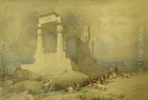 North African Scene, Figures With Goats Resting By A Ruined Monument North African Scene, Figures With Goats Resting By A Ruined Monument
